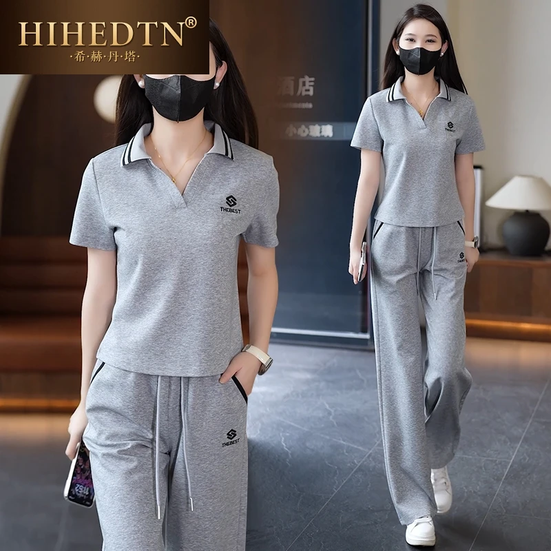 时尚休闲POLO领短袖T恤直筒裤两件套女士夏季新款宽松运动服套装