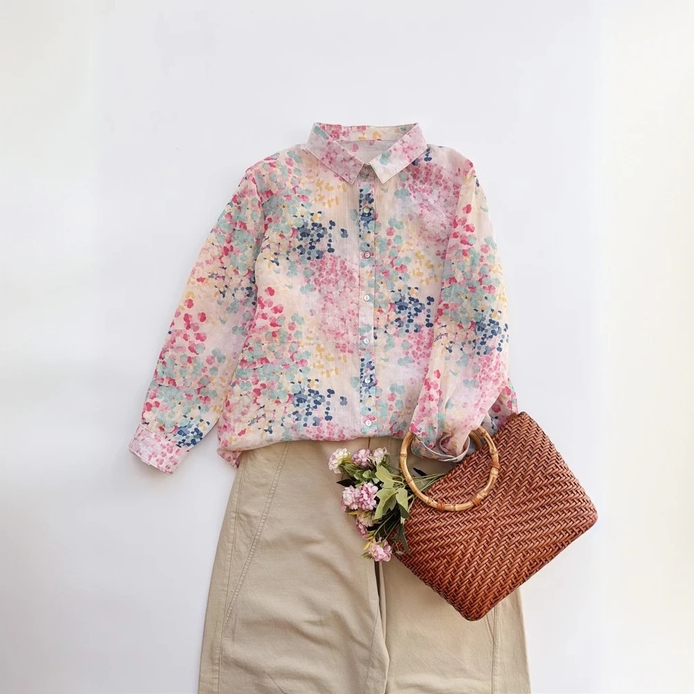 马卡龙色棉质碎花衬衫 小众高品质!百搭宽松薄款印花衬衣女上衣