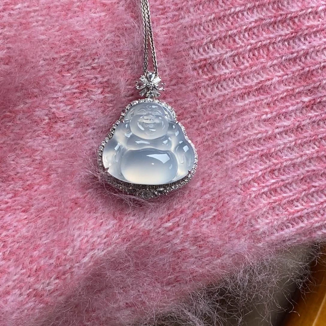 翡翠18K金镶嵌颈饰高冰茅台白起胶种老立体佛公