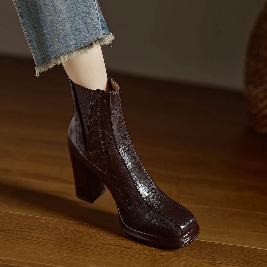 小个子手工女鞋9.6cm~防水台粗跟高跟靴子松紧带增高短靴棕色羊皮