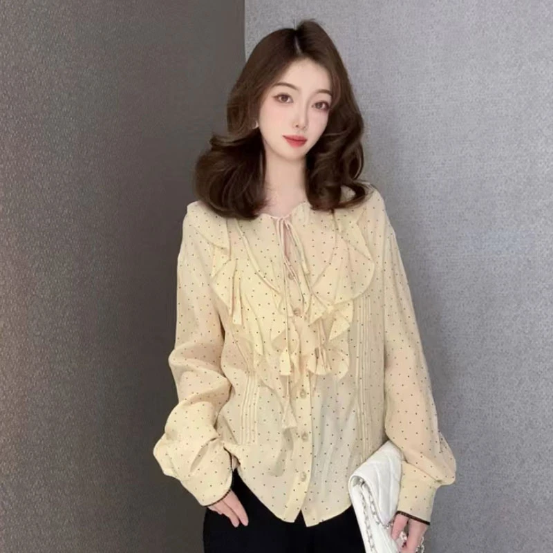 [商场同款]早秋休闲百搭减龄荷叶边长袖波点衬衫1301023