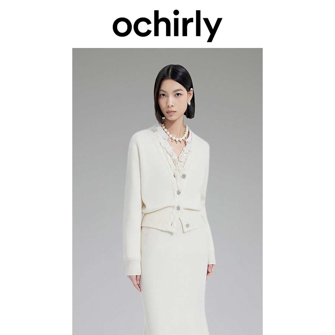 黑标系列 欧时力 100%纯羊毛小香风针织外套女 秋装V领