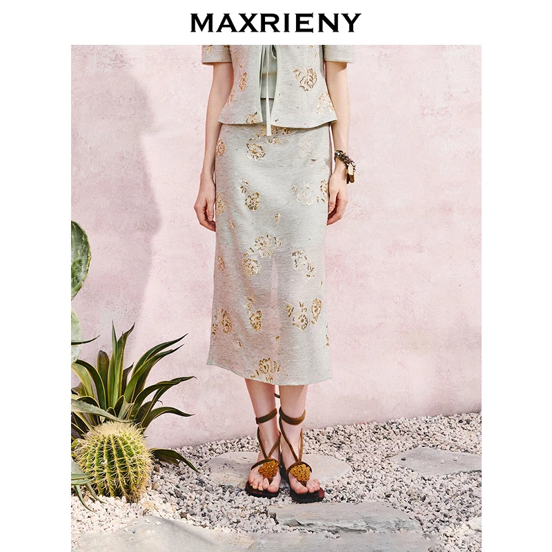 MAXRIENY优雅度假风半裙女2025夏季新款高腰显瘦直筒绣花中长裙