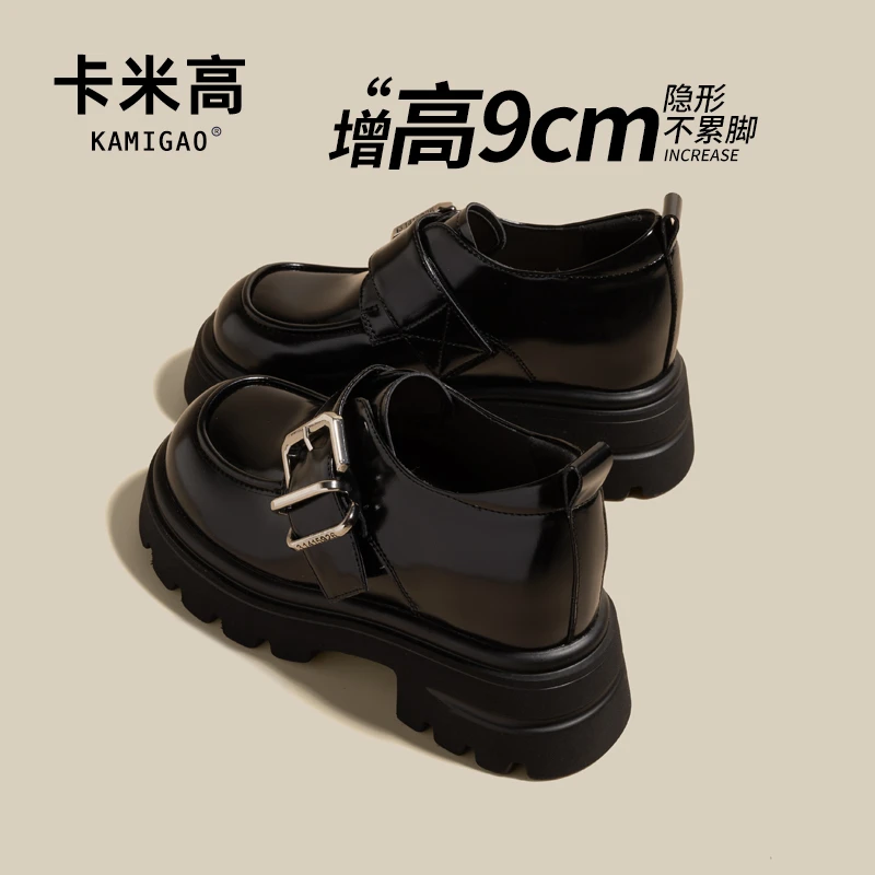 内增高9CM新款黑色皮鞋真皮乐福鞋复古休闲松糕底鞋子女KM-M135-3