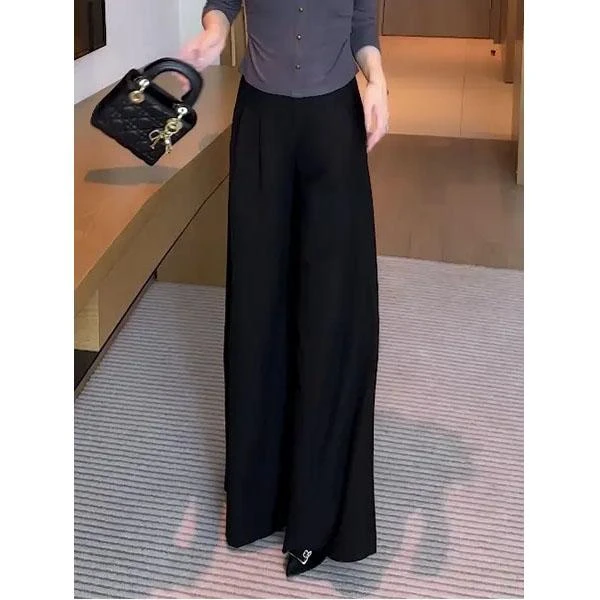 春秋时尚阔腿裤薄款高腰口袋纯色休闲裤设计感韩版减龄小个子