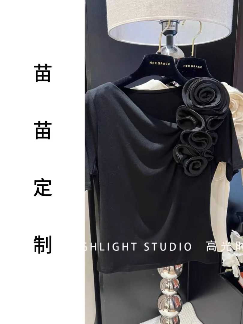 夏季小众设计花朵短袖t恤精致独特百搭上衣高端女装