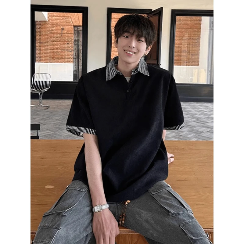 小众设计感黑色短袖男t恤夏季拼接假两件polo衫cleanfit休闲半袖