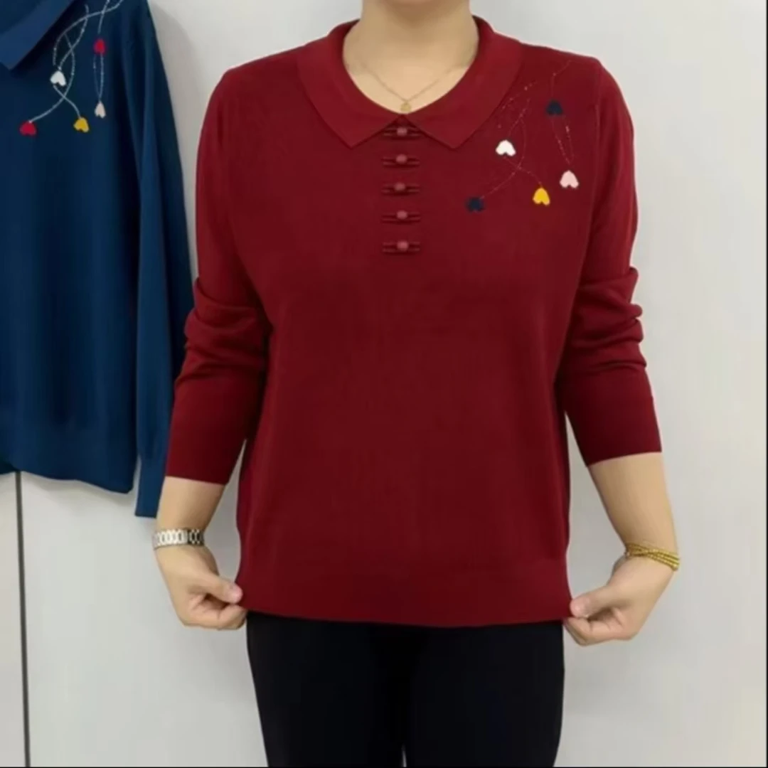 翻领爱心图时尚针织衫女2025春季新款洋气时尚中老年妈妈打底毛衣