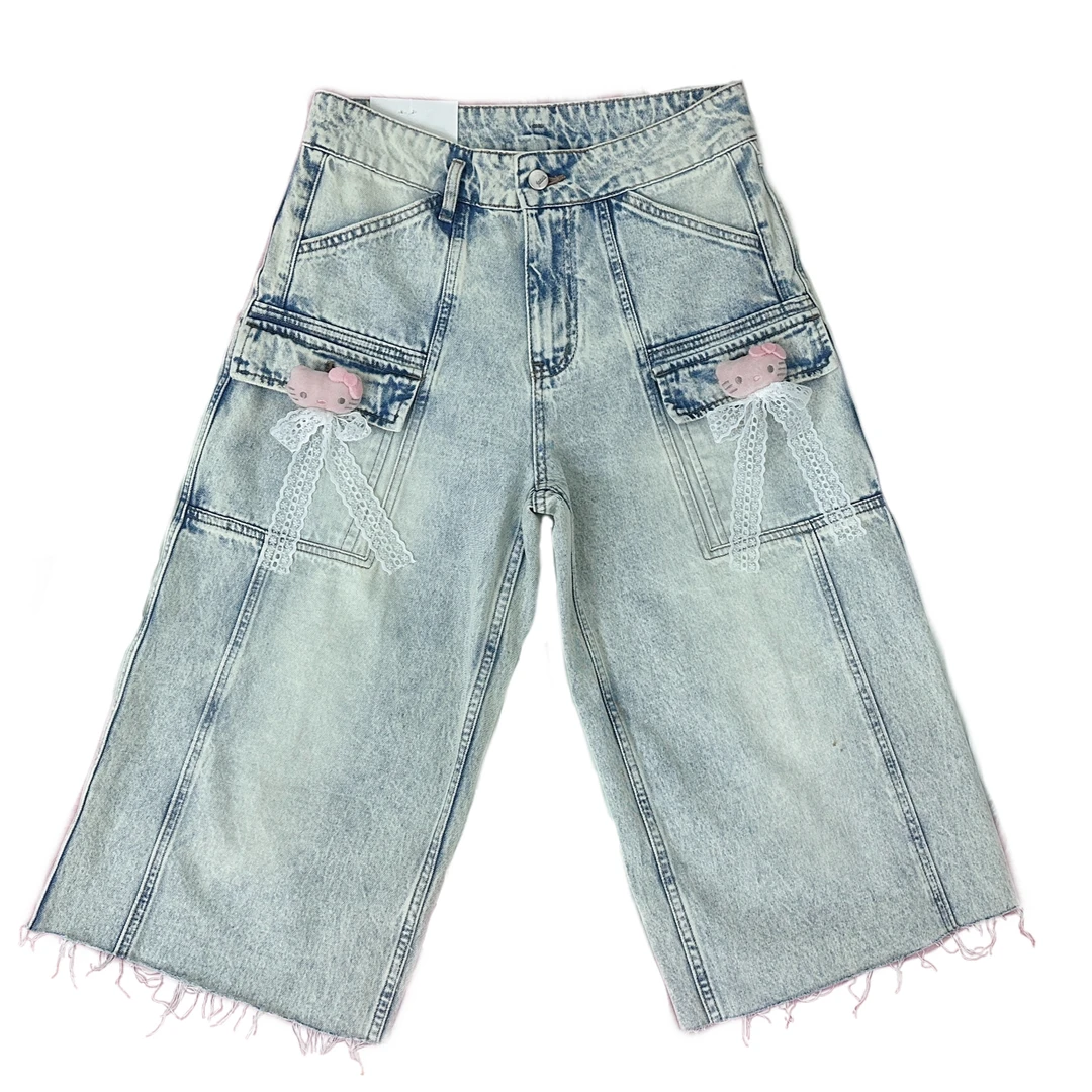 原创设计感复古洗水Kitty猫蝴蝶结宽松七分裤