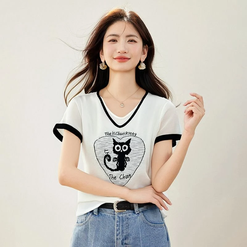 撞色假两件短袖针织衫女夏季新款透气猫咪上衣8316