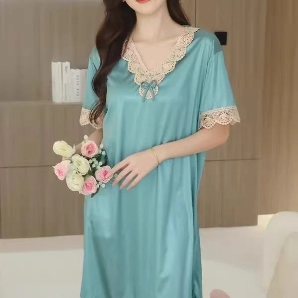 【冰丝睡衣】女夏季新款性感绣花睡裙丝薄款短袖连衣裙家居服