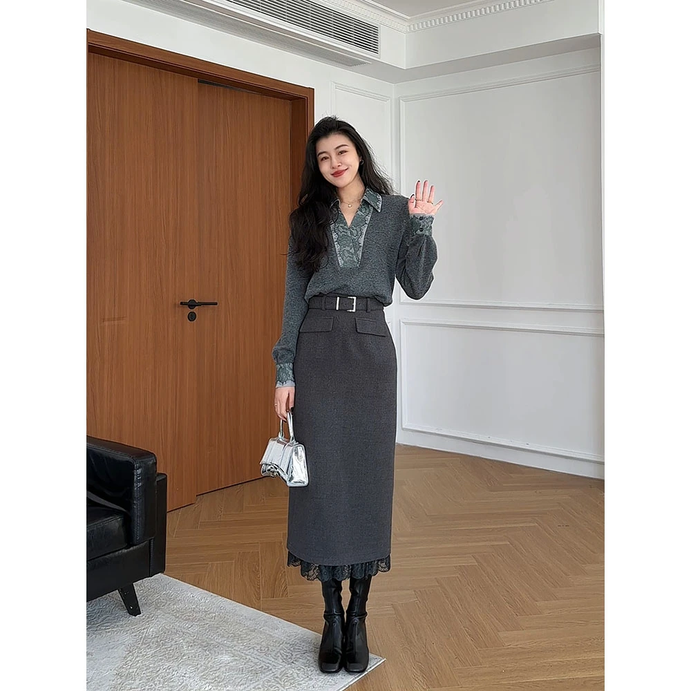 张阿星【慵懒千金】冬季灰色V领蕾丝撞色翻领上衣+A版拼接长半裙