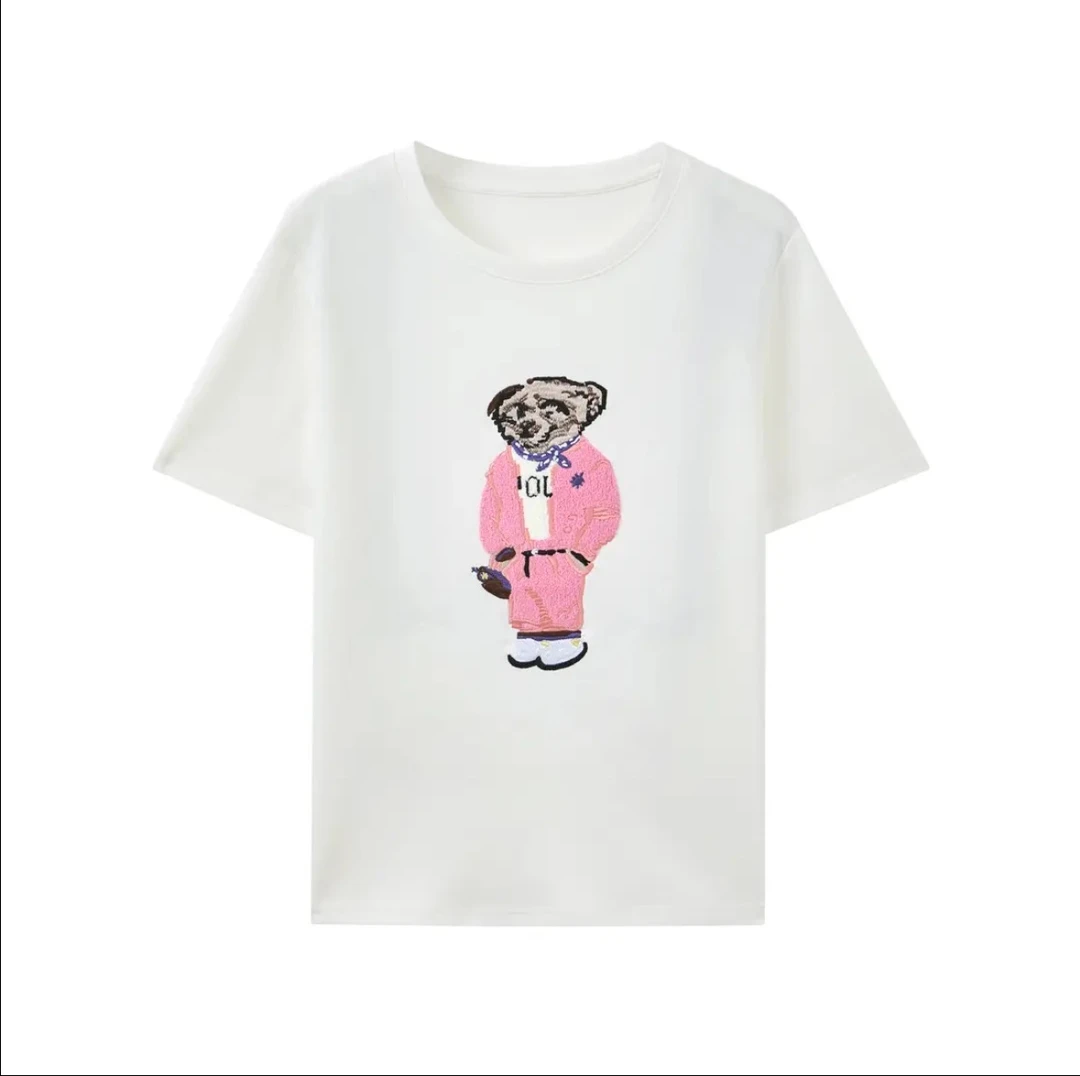 【七七推荐】高定刺绣小熊短袖T恤女夏季2025新款宽松休闲上衣5005