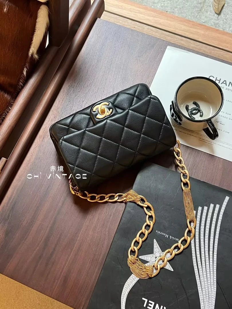 95新 Chanel/香奈儿 9601 23a黑金麦穗流苏方胖子芯片款