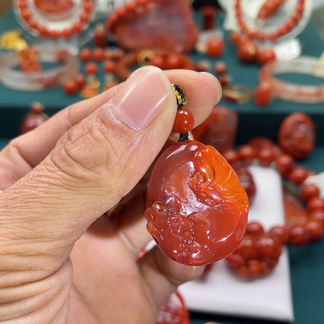 银S925镶嵌川料南红牡丹花吊坠南红玛瑙