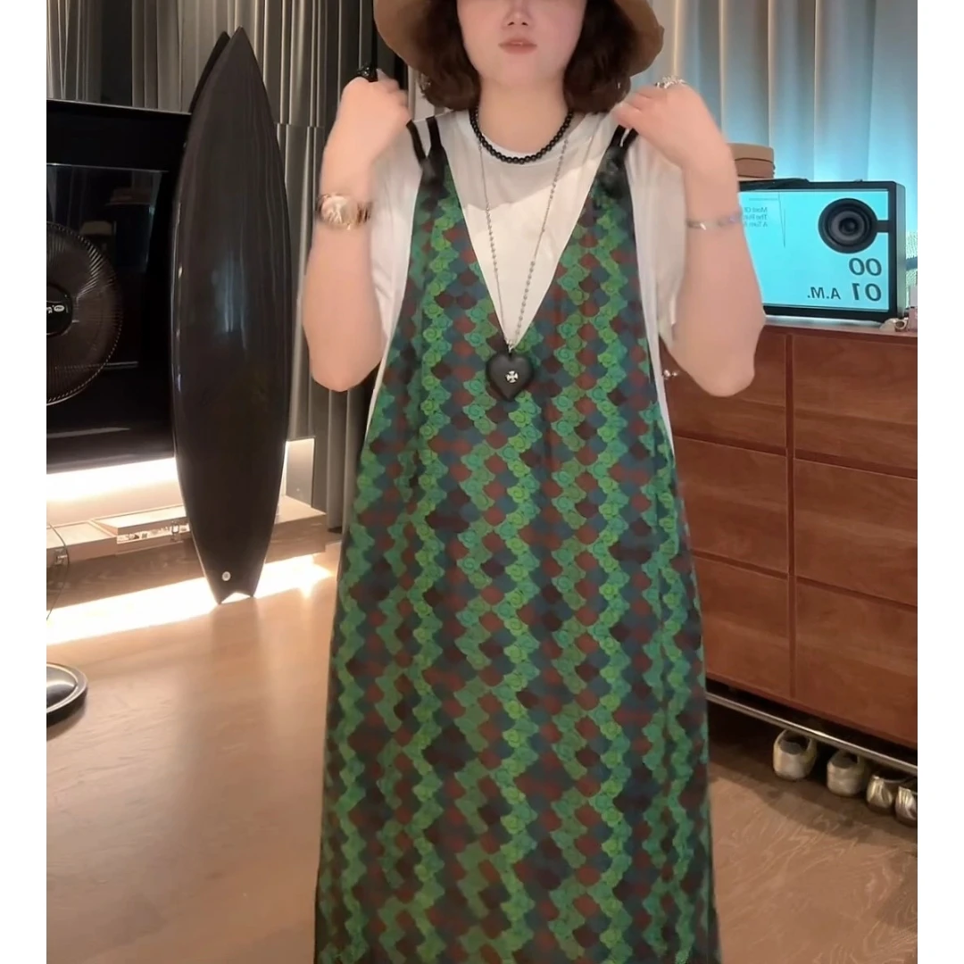 时尚假两件短袖连衣裙夏季新款气质宽松显瘦撞色拼接休闲中长裙子