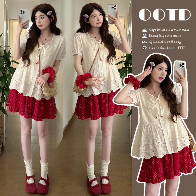 2025宽松蕾丝短袖上衣+波点半身裙孕妇短袖套装