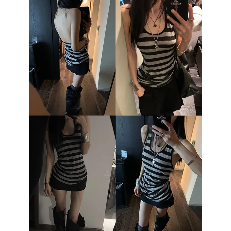 Moses Queen/魔西女王千禧辣妹灰色条纹挂脖吊带背心女夏无袖上衣