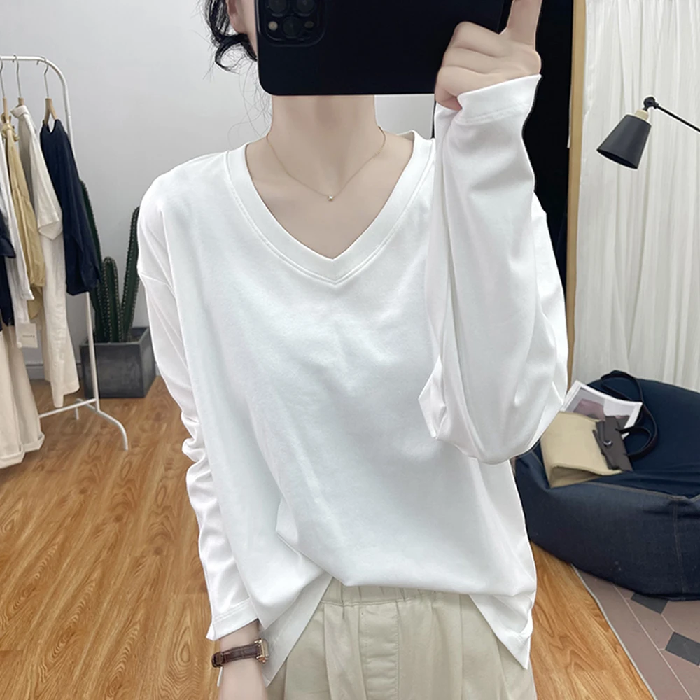 秋季新款宽松v领纯色简约复古减龄休闲纯棉长袖T恤衫显瘦百搭上衣