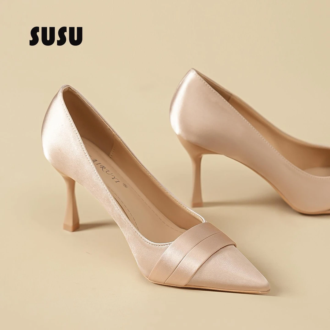 裸色绸缎高跟鞋女春秋宴会配礼服结婚细跟结婚伴娘气质高级感单鞋
