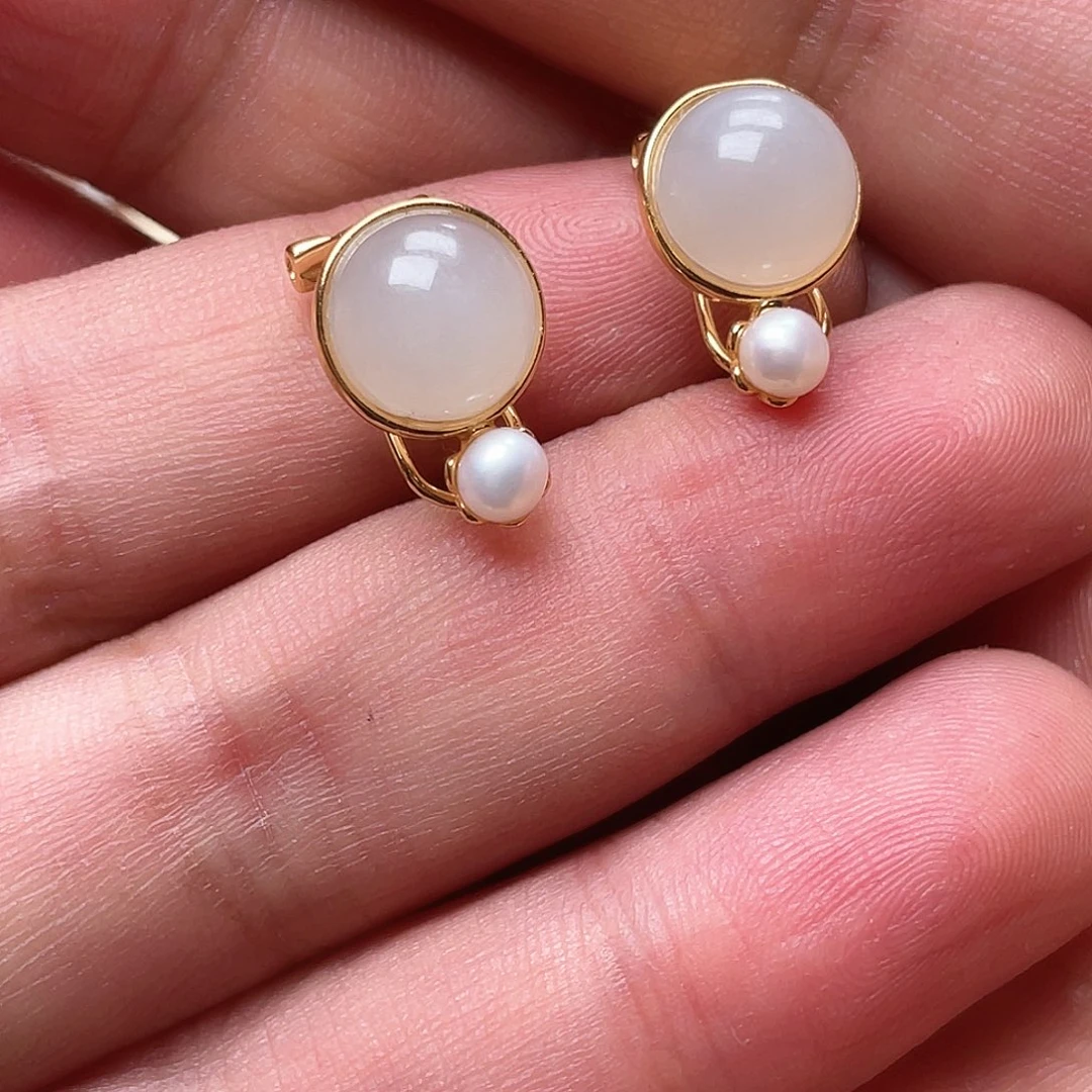 和田玉耳钉银S925镶嵌