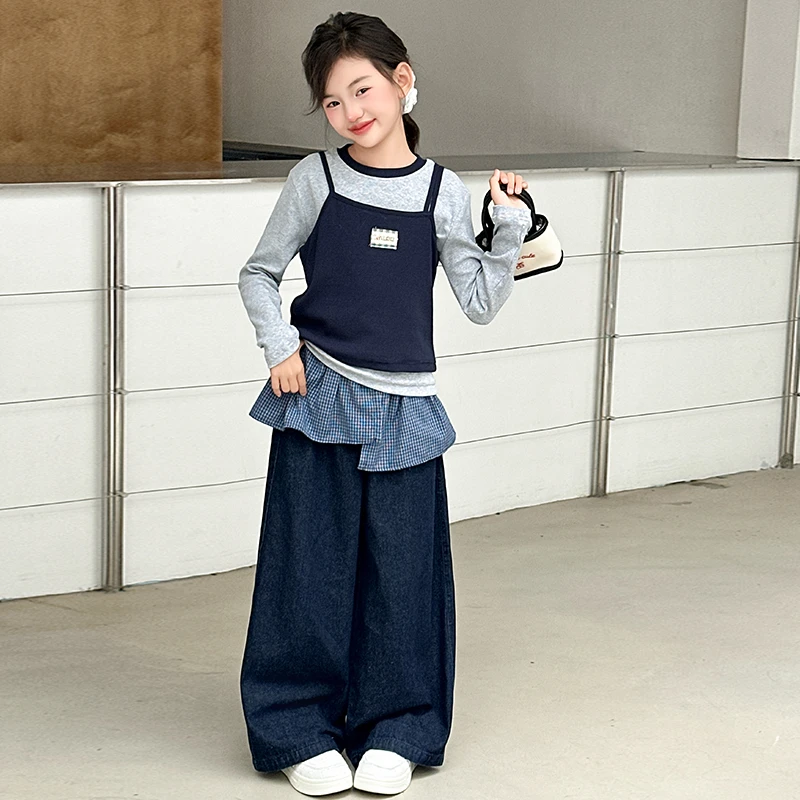 女童假两件上衣套装早秋2025新款秋装洋气韩系屁帘阔腿裤两件套潮