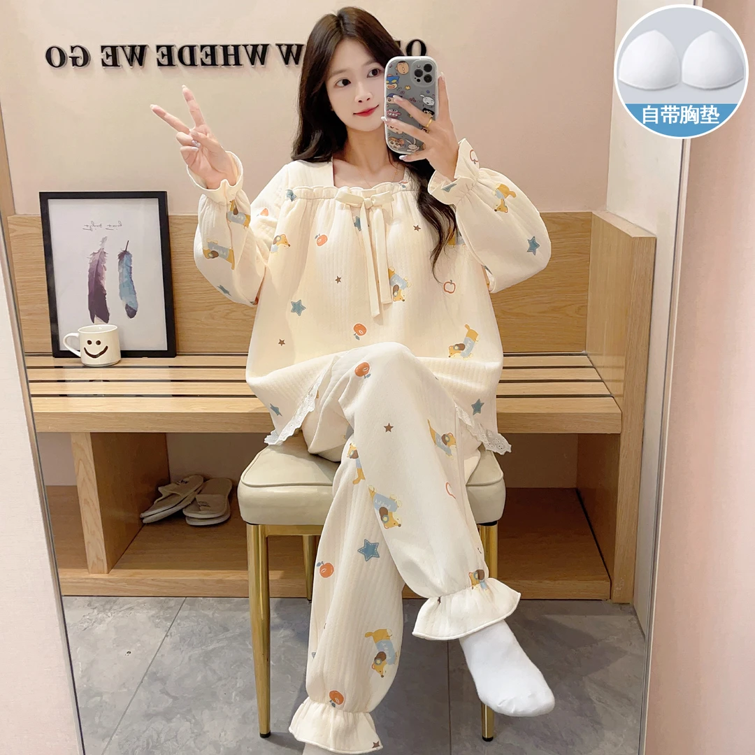 空气棉夹层秋冬长袖长裤可爱卡通冬季保暖带胸垫家居服套装可外穿