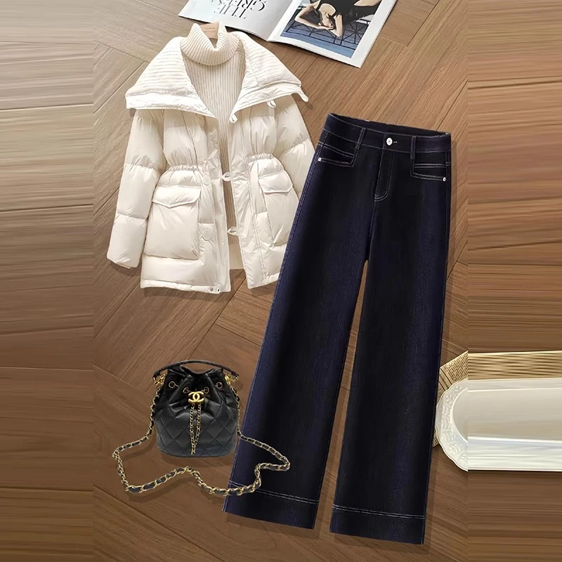 复古阔腿牛仔裤女2025年秋冬季时尚高腰垂感窄版蓝色加绒直筒裤子