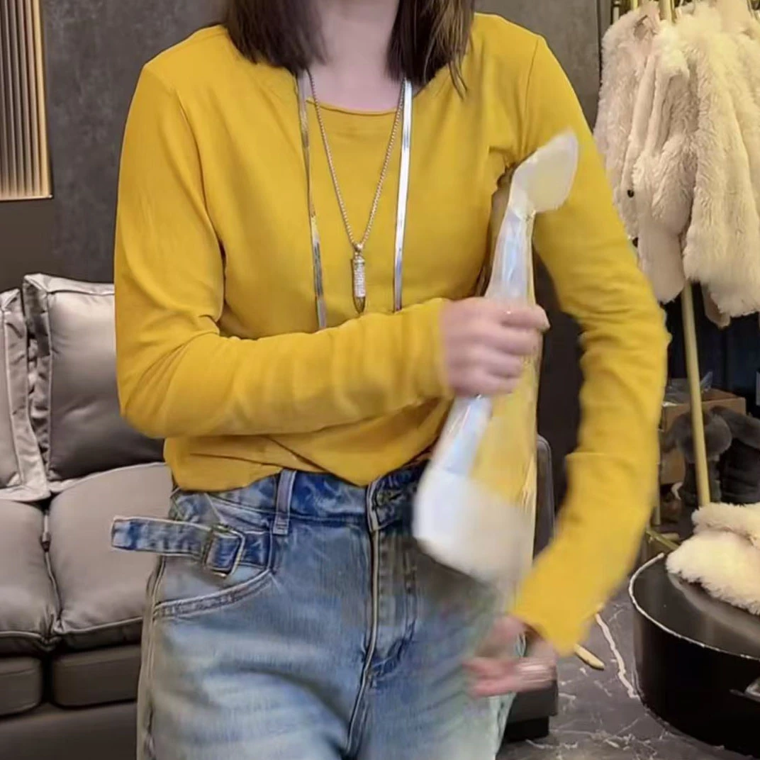 2025新款秋冬纯色圆领长袖上衣女内搭T恤慵懒松弛感宽松打底衫