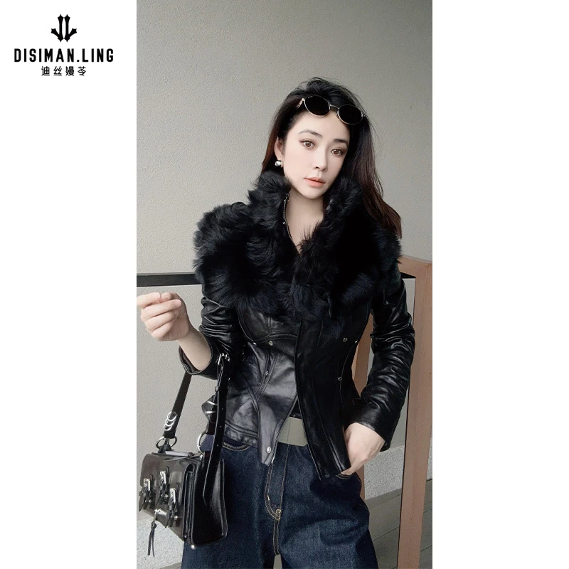 【迪丝嫚苓】100%羊皮革黑色皮外套气质小众优雅原创风设计秋冬保暖
