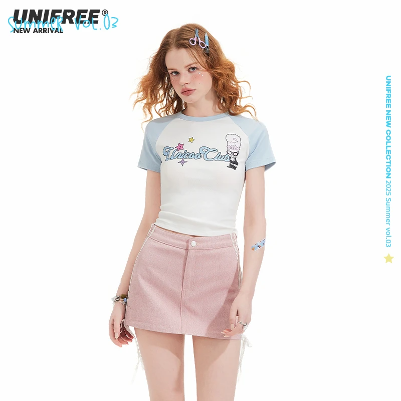 【25年夏】拼接撞色短袖T恤正肩小个子上衣