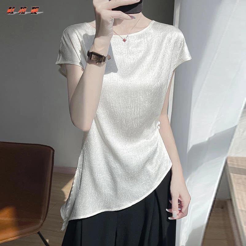 杜拉妮不规则肌理感浮雕缎面圆领短袖T恤女夏季侧褶皱顺滑小飞袖