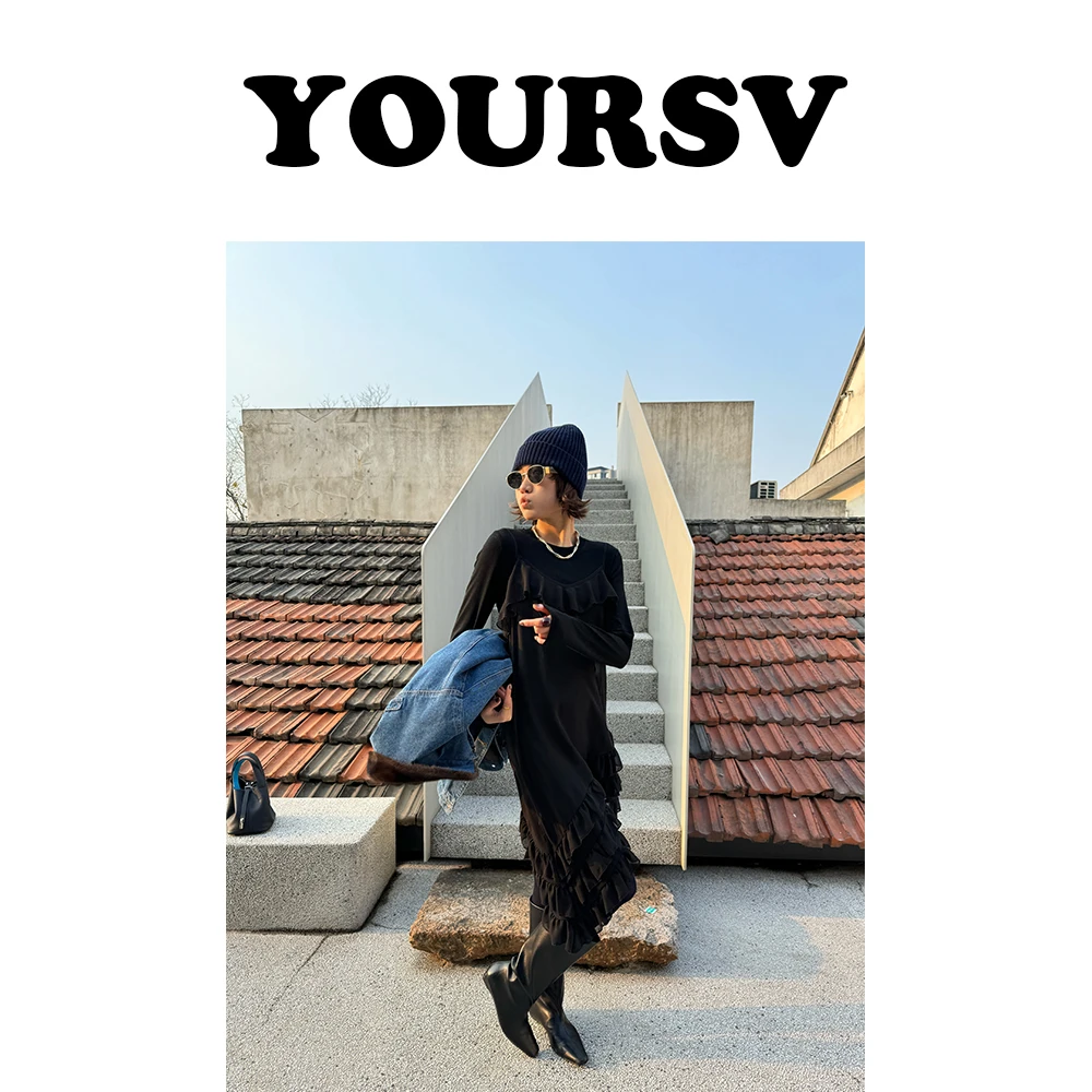 【YOURSV】「不规则吊带裙」早春韩系纱网连衣裙女黑色荷叶边不规则裙