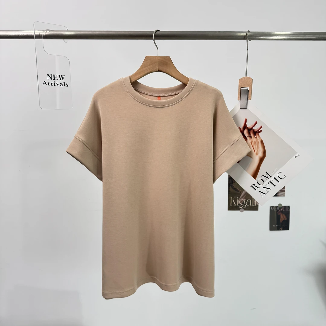C178短袖纯色休闲风圆领新中式T恤夏季套头卡其色简约时尚261Z