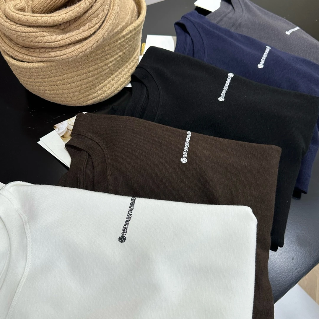 字母T恤半高领宽松型吸汗刺绣百搭长袖打底衫圆领