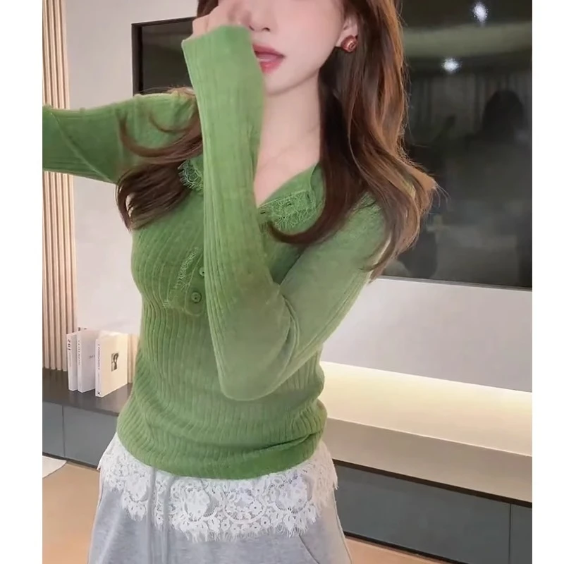 2025春季新款修身显瘦气质蕾丝拼接针织衫女百搭轻熟个性洋气上衣