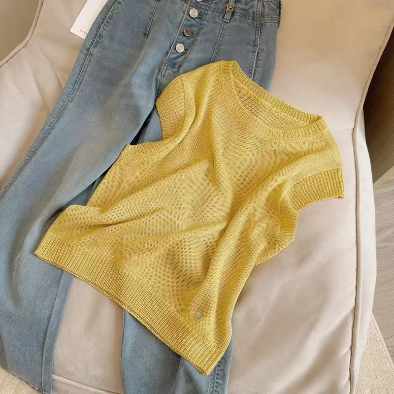 2025夏季纯色亮片针织短袖百搭简约圆领上衣透气显瘦T恤