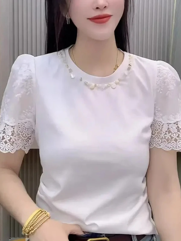 纯棉重工钉珠蕾丝拼接短袖t恤女2025夏季新款时尚百搭上衣体恤衫