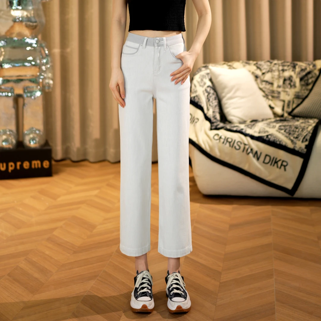 2025秋款新高腰显瘦九分直筒裤经典四面弹休闲拼色牛仔阔腿女裤