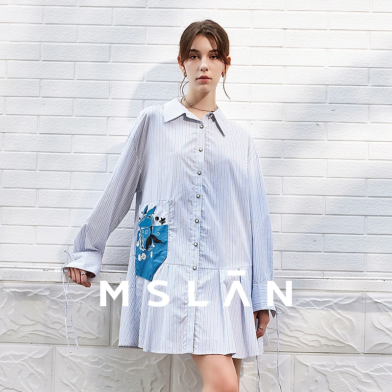 MSLAN【商场同款】新款条纹中长款时尚休闲衬衫裙连衣裙女 MFAA4103