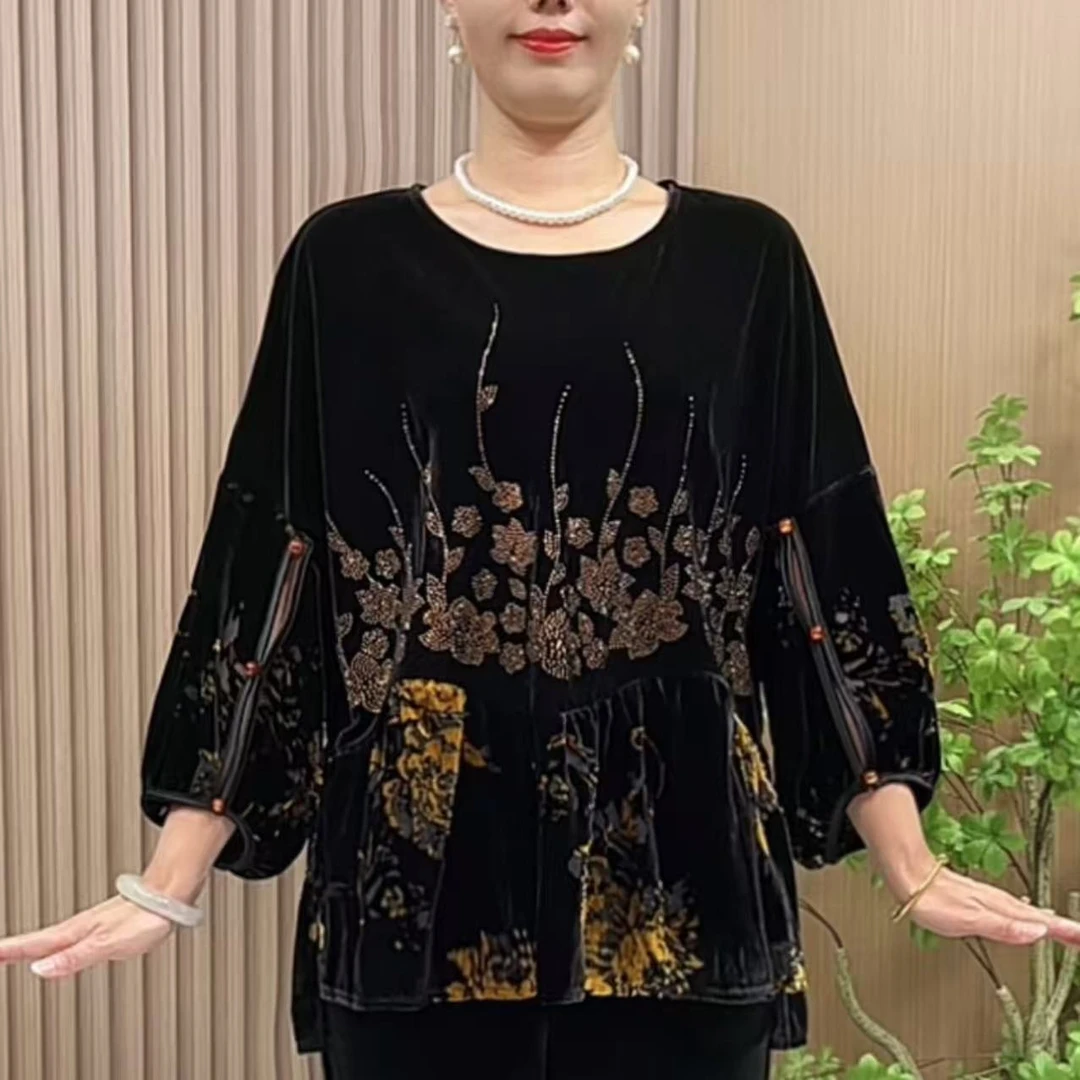 2555妈妈秋装洋气丝绒小衫新款中老年大码宽松阔太太烫钻上衣