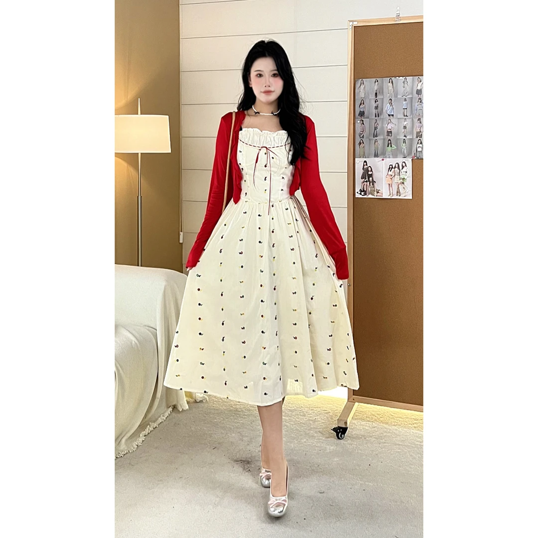 微胖定制~2025春季微醺复古吊带碎花女刺绣长裙套装W1530