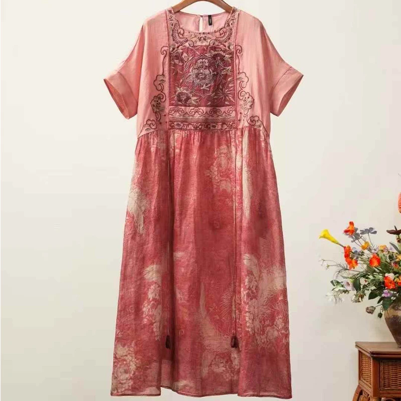 千椿物禧2025原创新中式国风夏季红色100苎麻刺绣显白短袖连衣裙