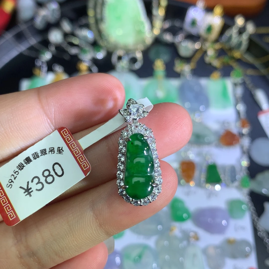 裸石翡翠银S925镶嵌冰绿豆