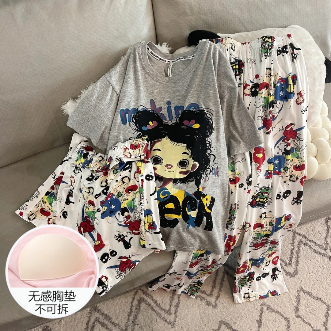 睡衣女夏季短袖长裤三件套装网红风带胸垫大码卡通人像凉感家居服