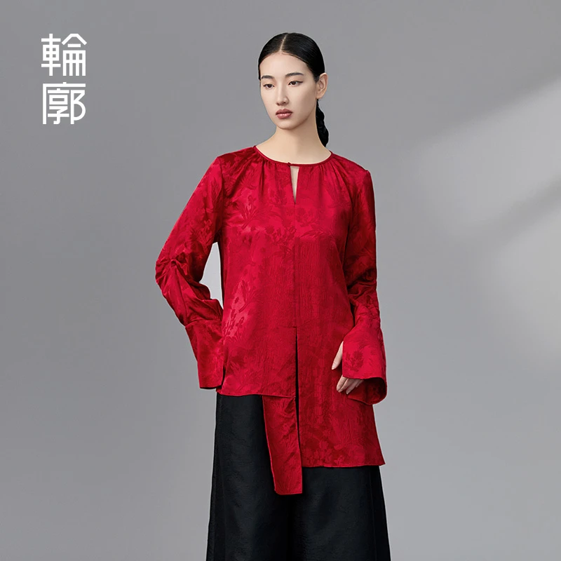 轮廓云起时复古提花长袖衬衫错层结构下摆通勤率性女上衣L233Y081