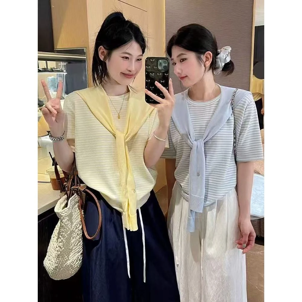 （运费补贴）两件套法式粉条纹短袖正肩t恤女夏独特别致配披肩上衣