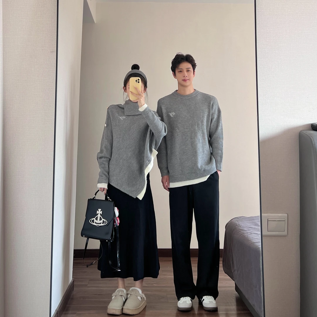 情侣装秋冬季休闲风套头上衣时尚套装法式慵懒风INS毛针织衫潮