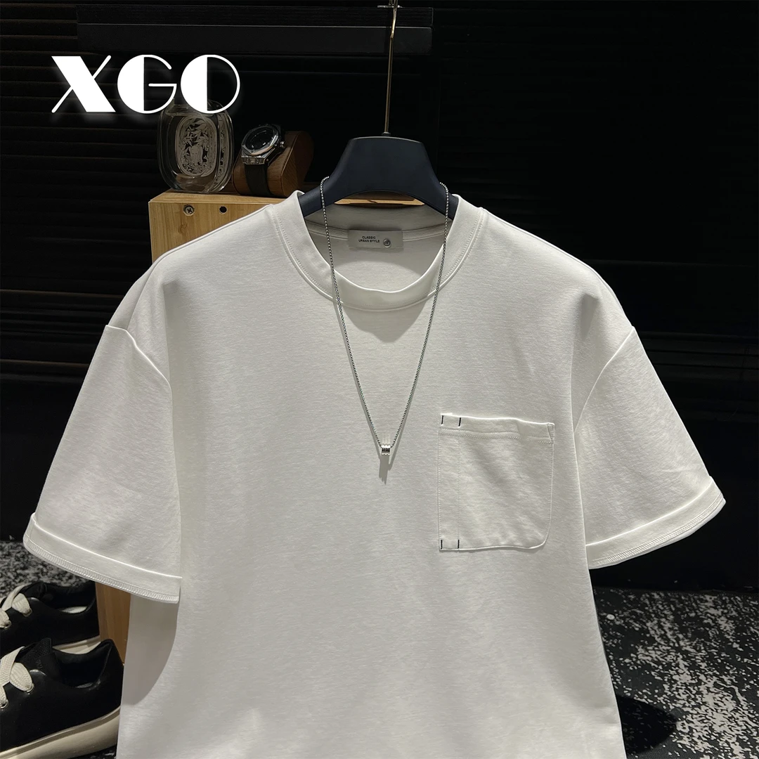 【XGORAD】夏季重磅刺绣明线潮流口袋简约设计冰感棉微阔圆领短袖
