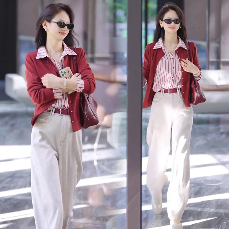 2025秋季高级感气质条纹长袖衬衫针织开衫高腰直筒裤轻熟风三件套